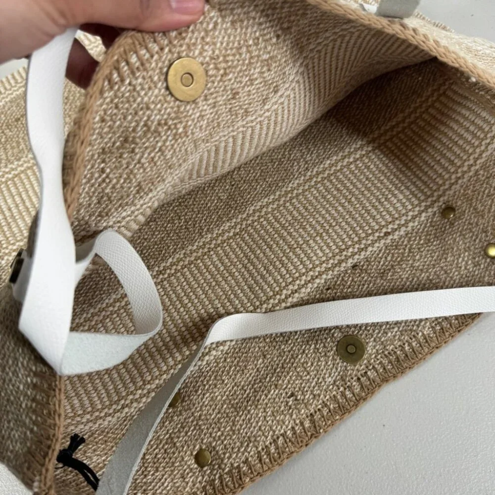 Summer Boho Woven Straw Raffia Bag Stylish Tan and White Tote Bag Stripe Beach - Picture 14 of 15